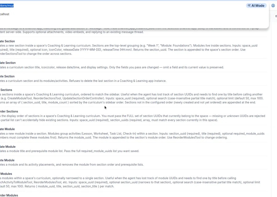 MCP settings page listing curriculum tools: create, update, delete, list, and reorder sections and modules.