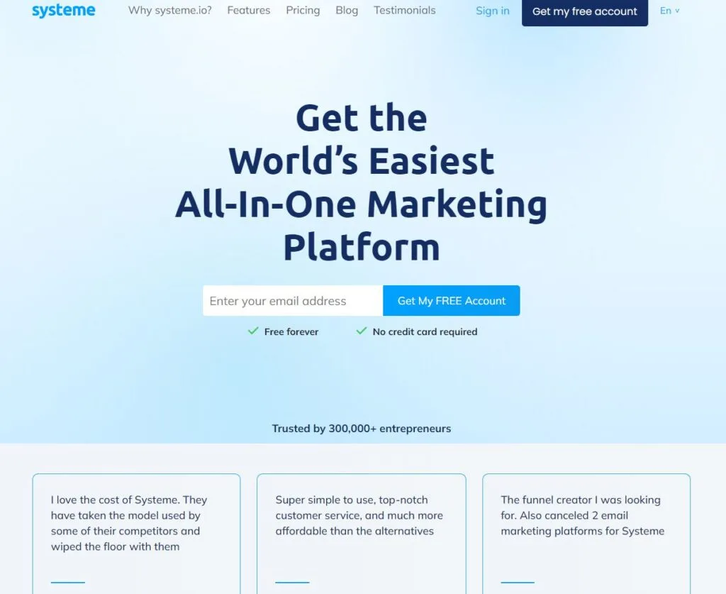 Systeme's clean design makes it an all-in-one marketing platform