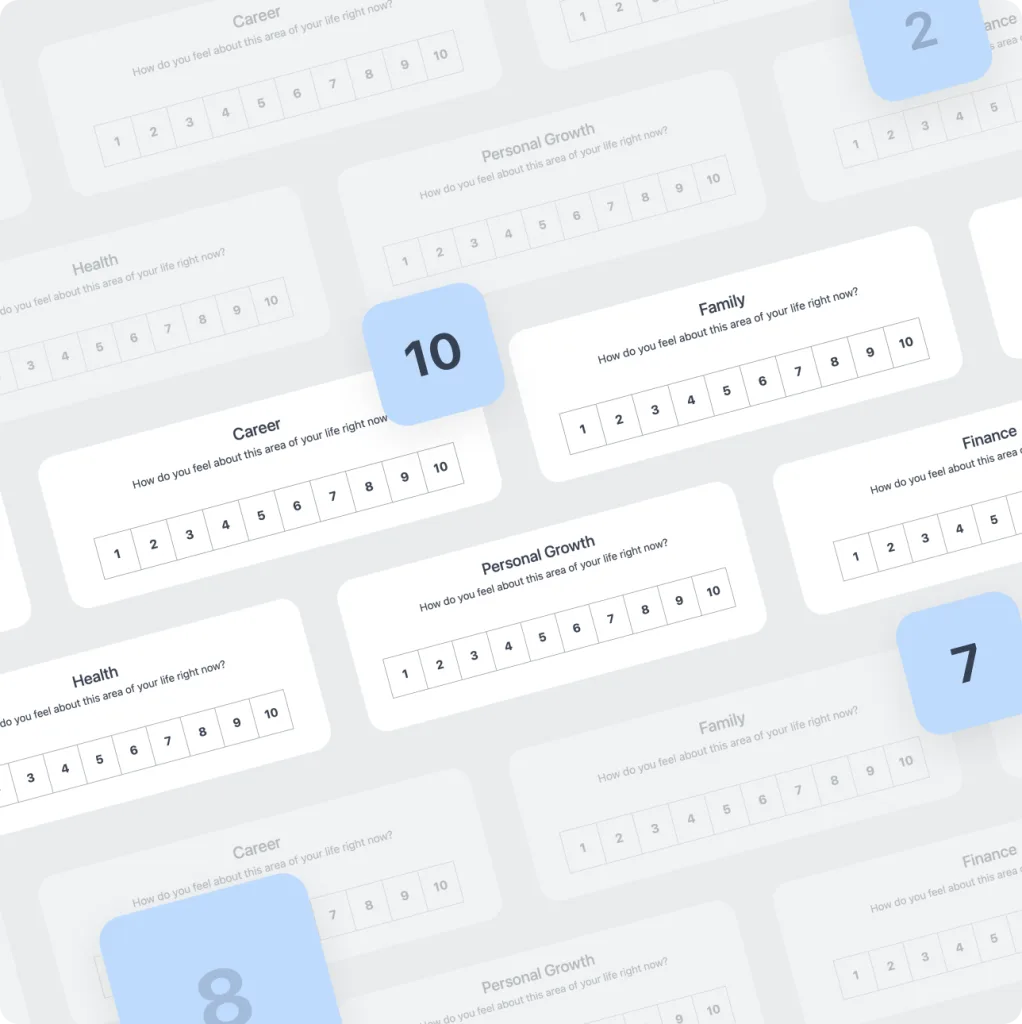 Wheel of Life setup interface showing life areas