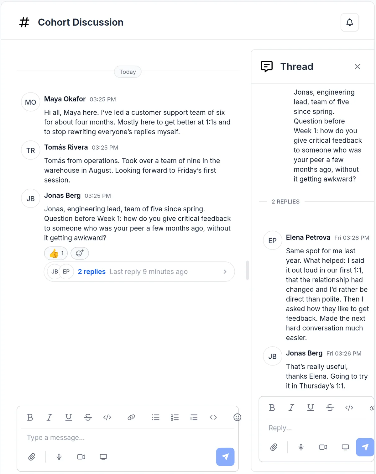 The Cohort Discussion channel of a leadership cohort in upcoach: introductions from two new managers, a question about giving feedback to a former peer, and a thread with a peer's answer