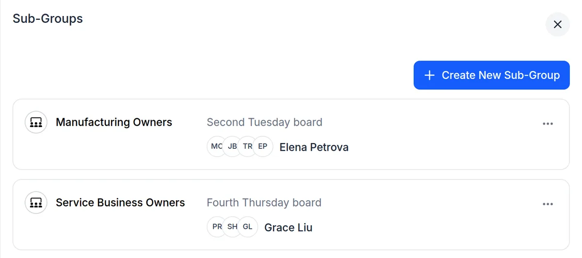 Two subgroups inside one peer board program in upcoach, Manufacturing Owners and Service Business Owners, each with its own members