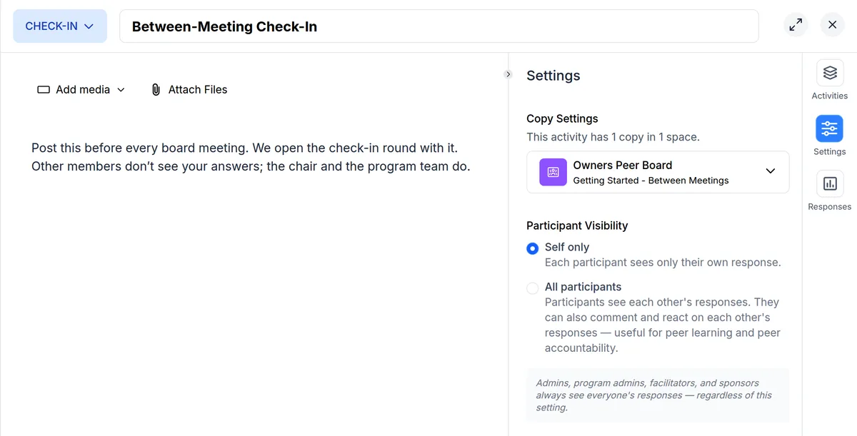 A check-in's settings in upcoach with Participant Visibility set to Self only: each participant sees only their own response