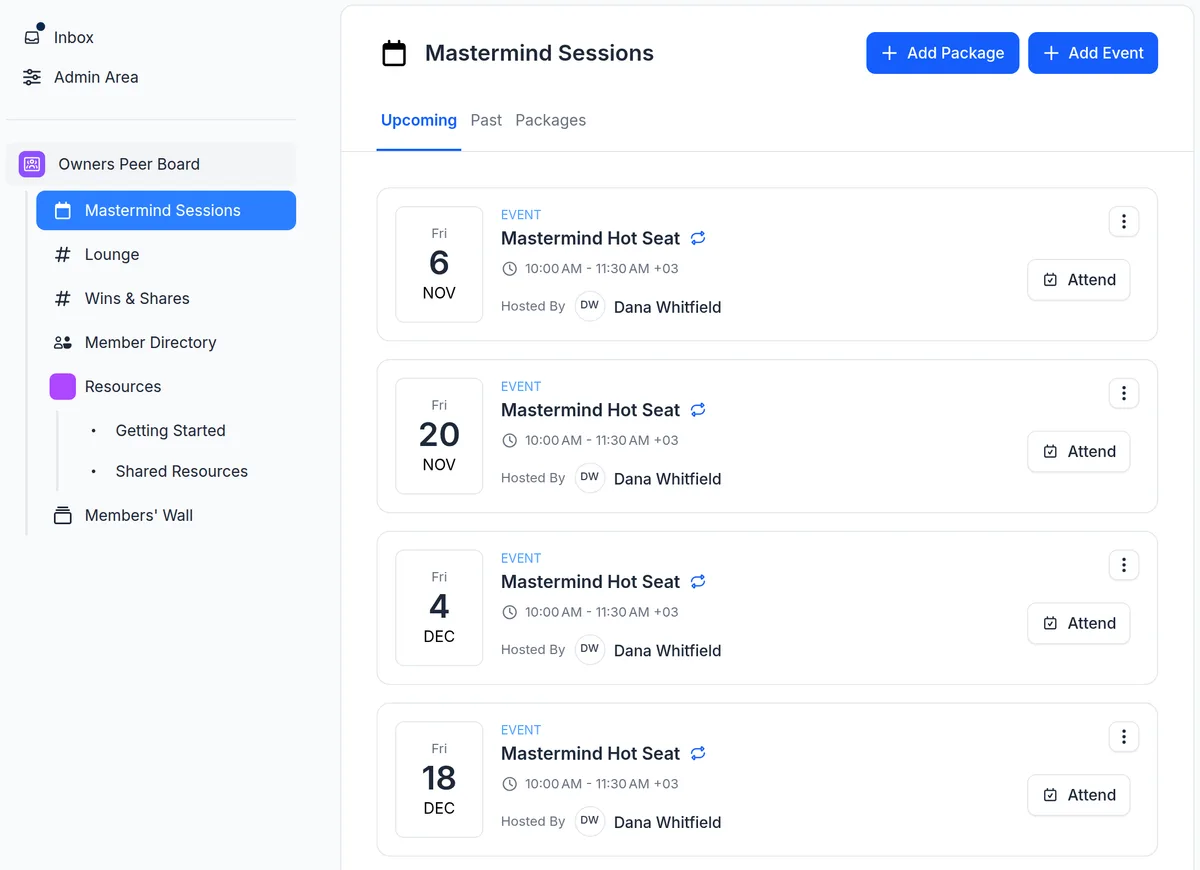 The bi-weekly 90-minute Mastermind Hot Seat meetings of an Owners Peer Board in upcoach, with the Member Directory, Resources, Wins & Shares, Lounge and Members' Wall in the sidebar