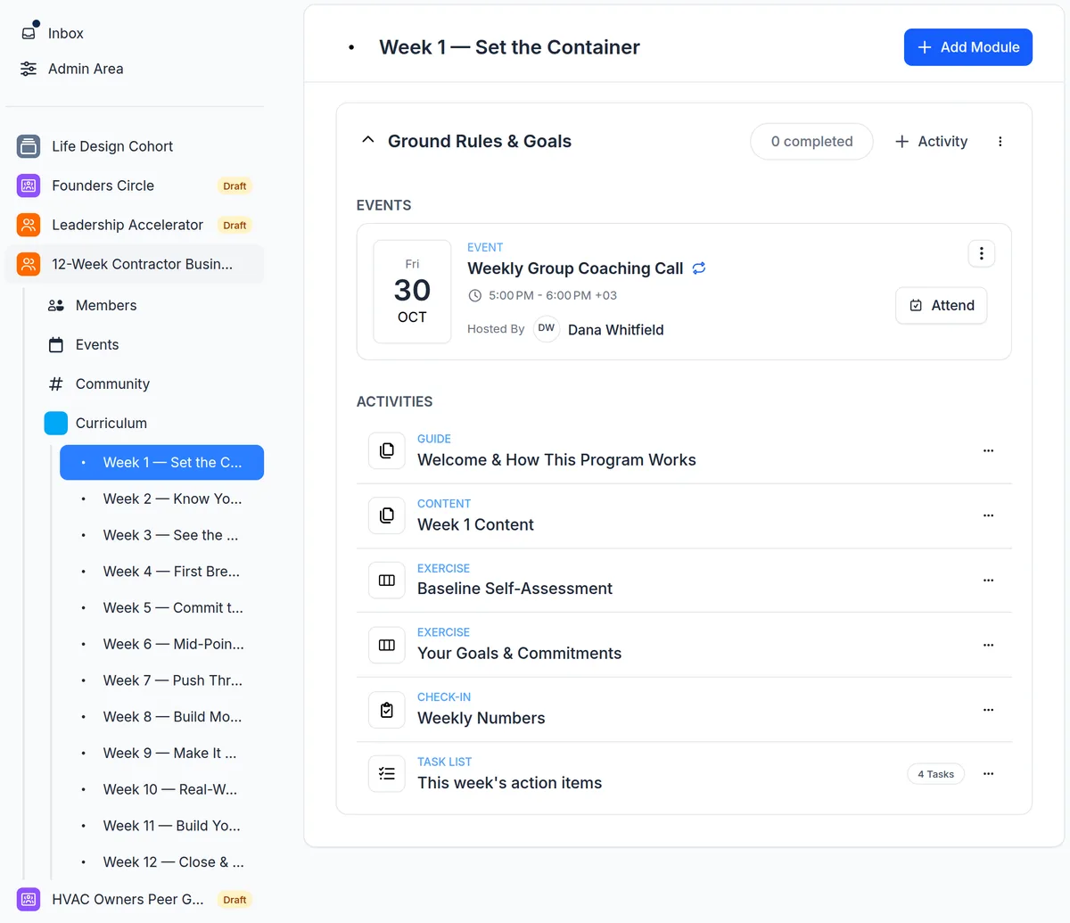 Week 1 of a 12-Week Contractor Business Program in upcoach: the weekly group call, a guide, two exercises, a Weekly Numbers check-in and a task list of action items, with the 12 weeks in the sidebar
