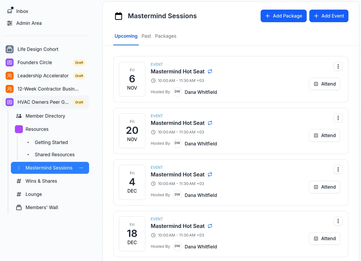 The bi-weekly 90-minute Hot Seat sessions of an HVAC Owners Peer Group in upcoach, with the Member Directory, Wins & Shares, Lounge and Members' Wall in the sidebar