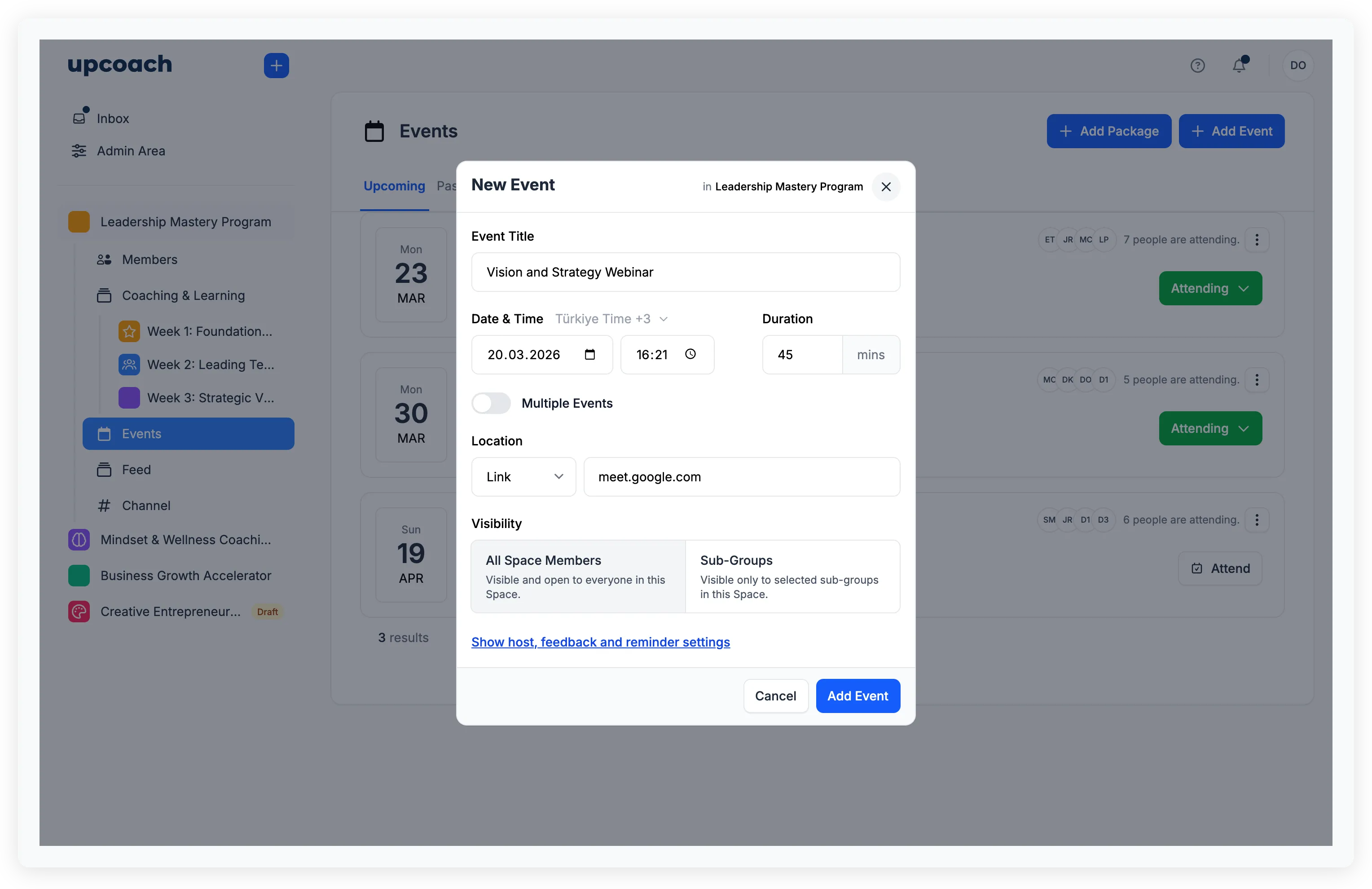 New Event modal showing title, date and time, duration, location, and visibility fields