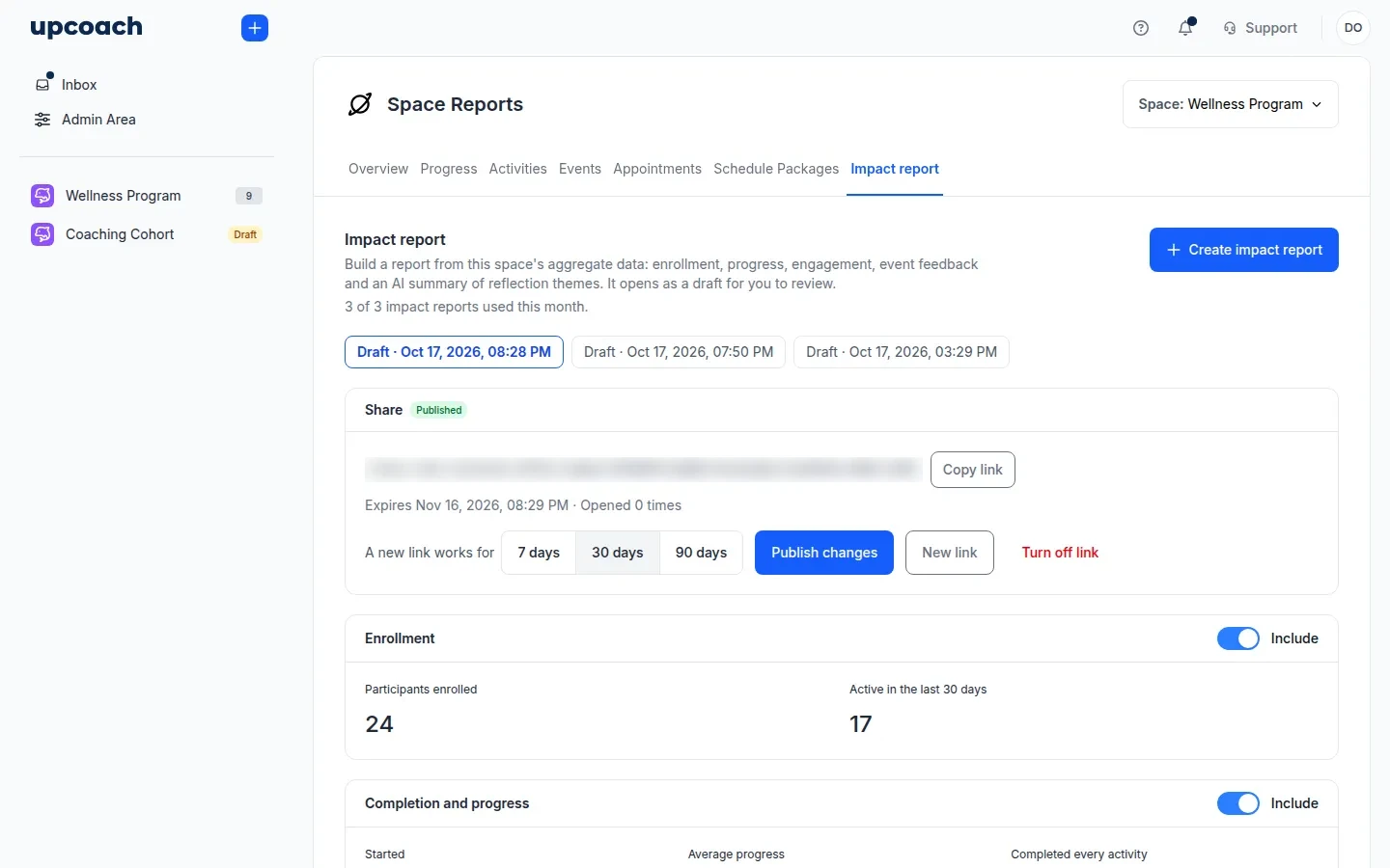 Impact report tab in Space Reports showing the monthly count, the Create impact report button, the Share card and the Include switches