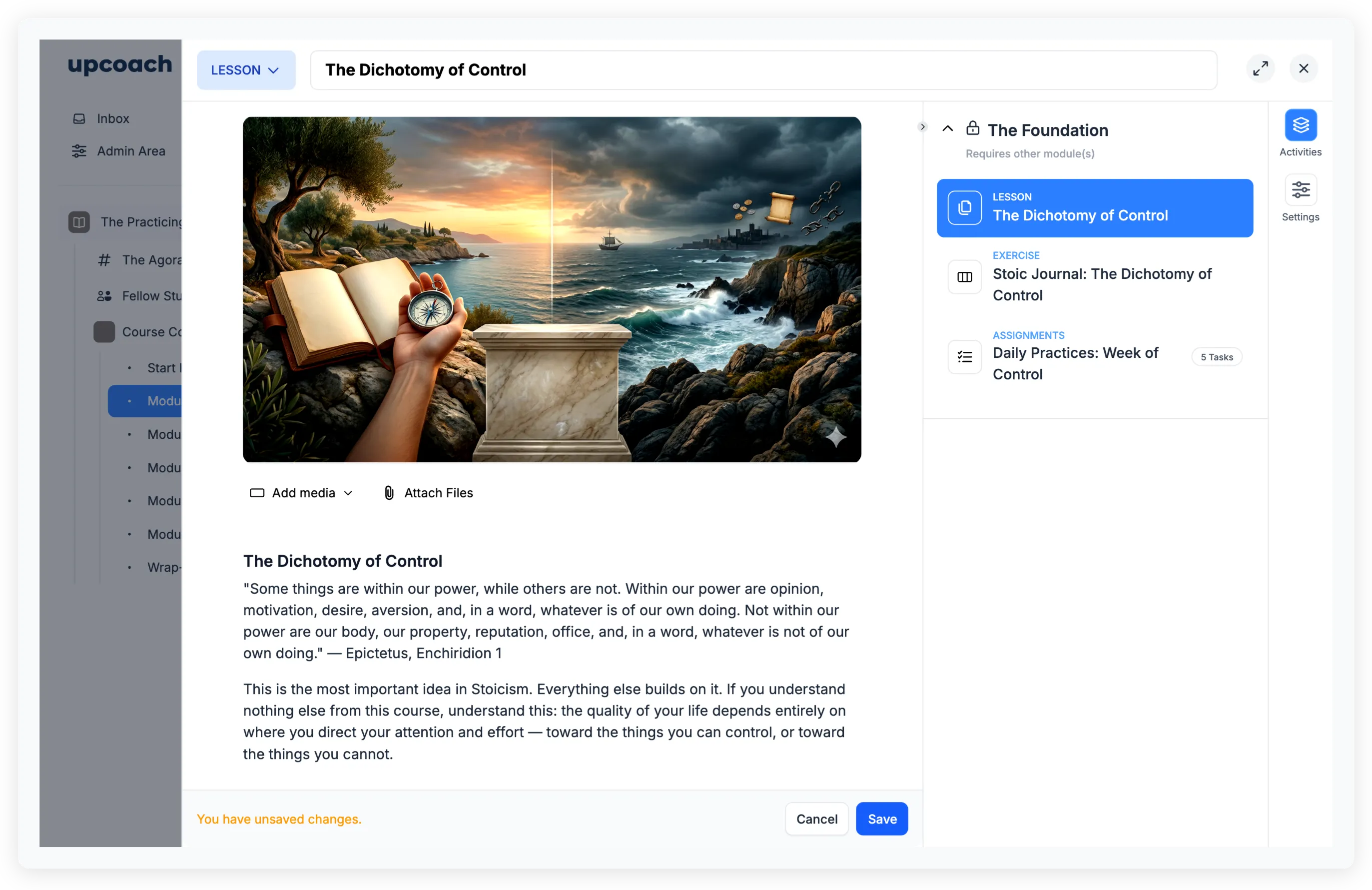 Lesson editor showing a featured image, Add media and Attach Files buttons, rich text content, and the activity sidebar