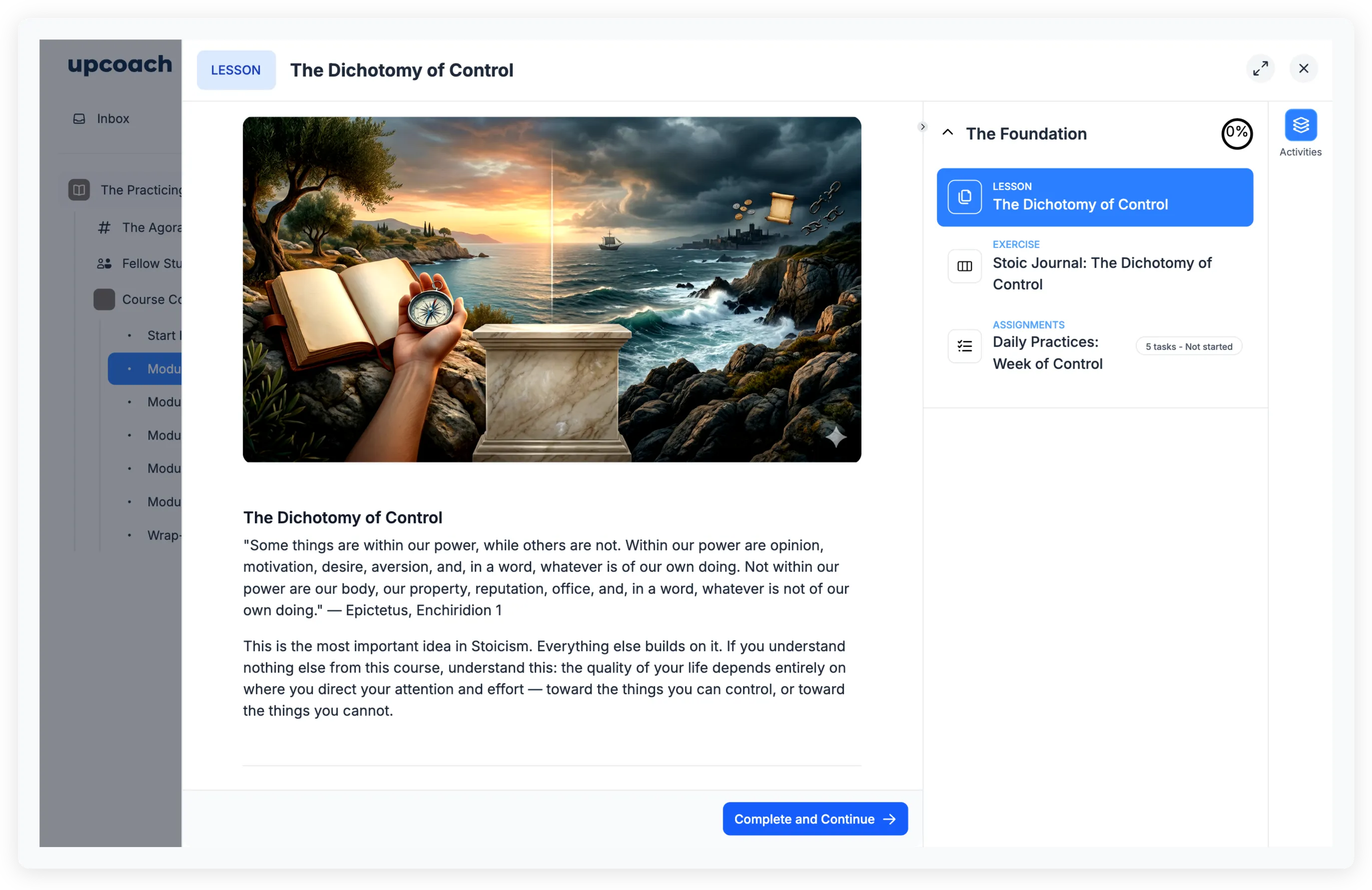 Participant view of a lesson showing featured image, rich text content, and Complete and Continue button