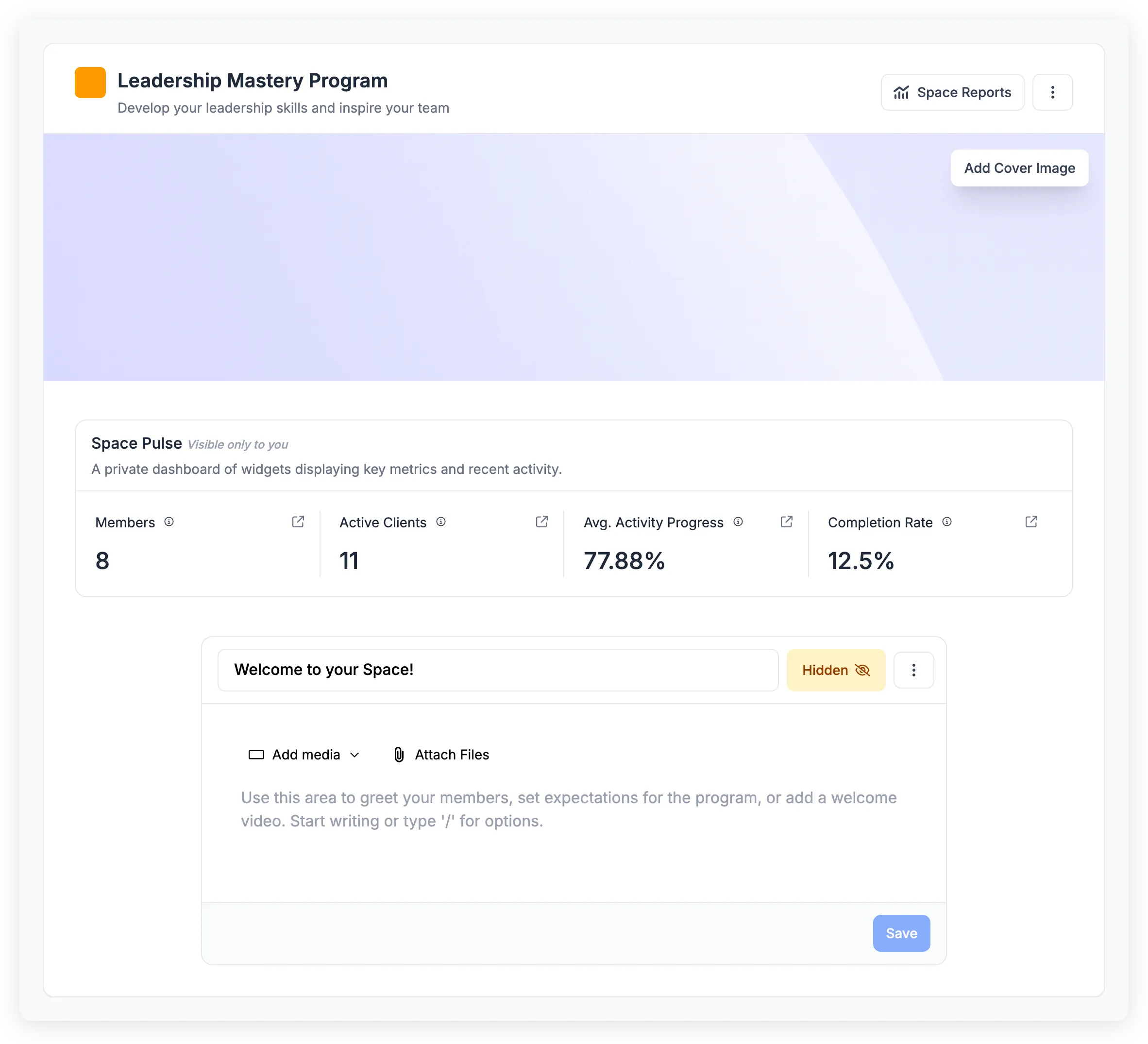 Program home page showing cover image, Space Pulse metrics, and welcome section