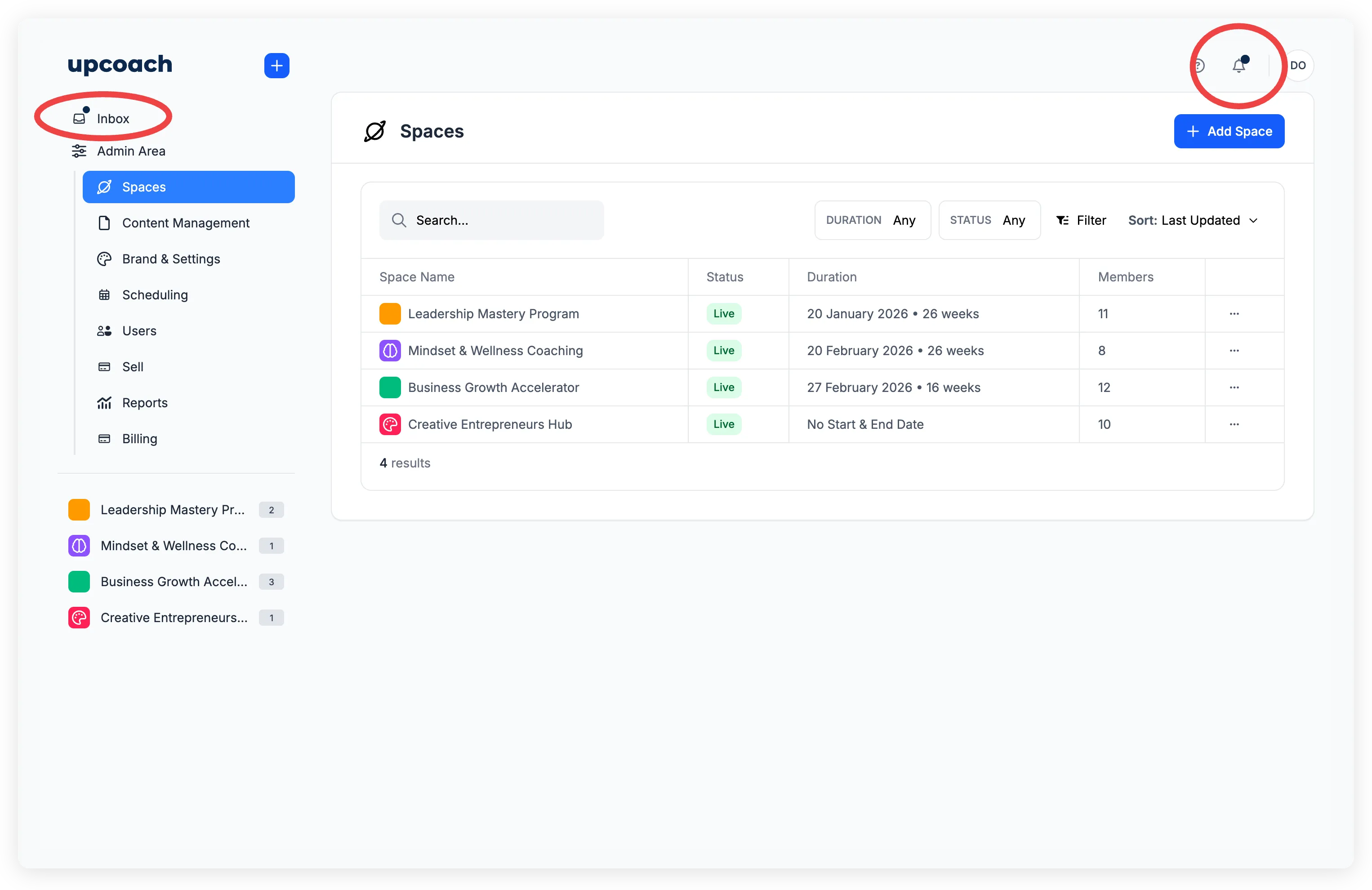 Bell icon in the header and Inbox navigation item in the sidebar