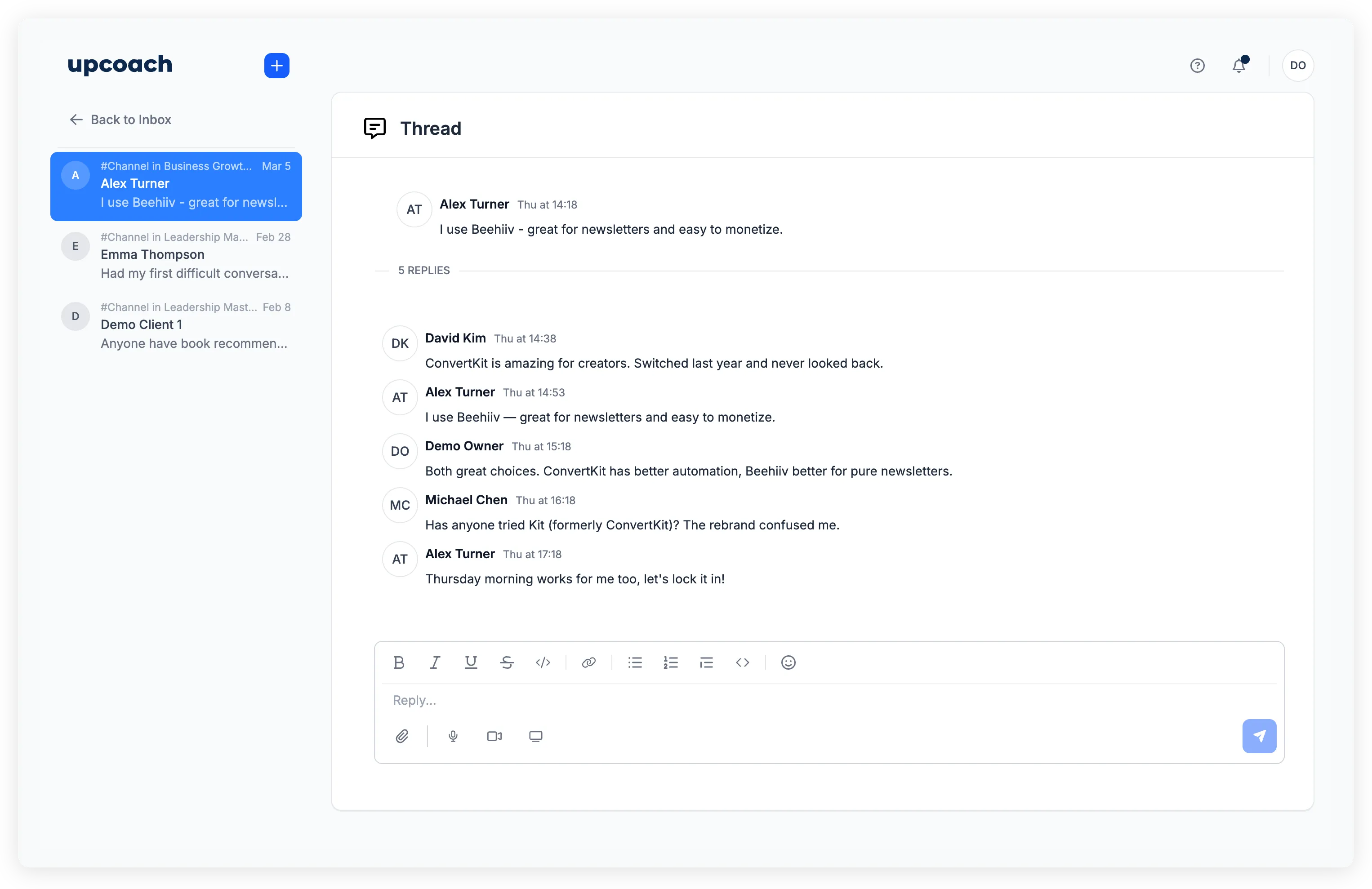 Threads section showing thread list and conversation detail