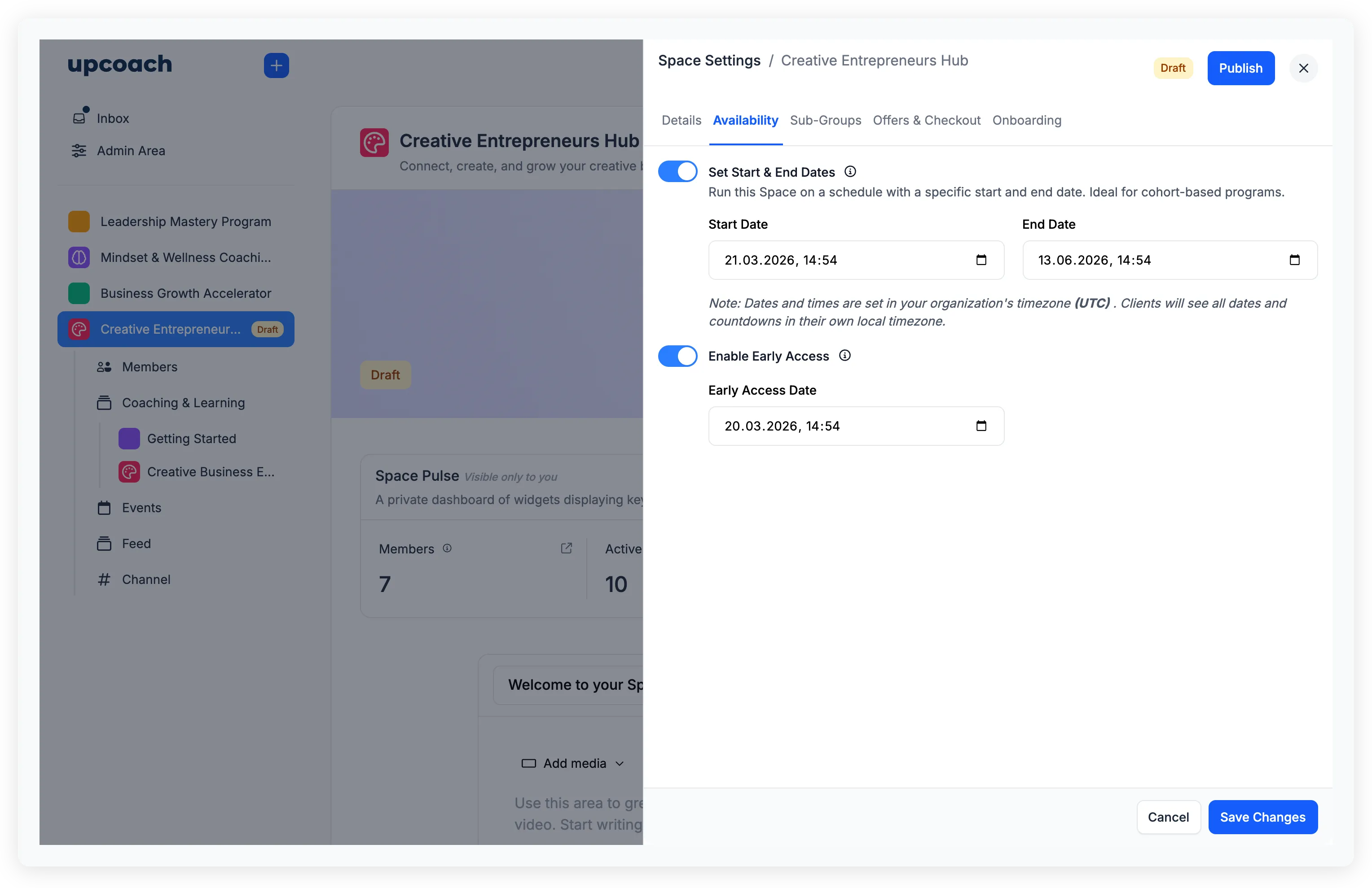 Availability tab showing Start and End Dates and Early Access toggles