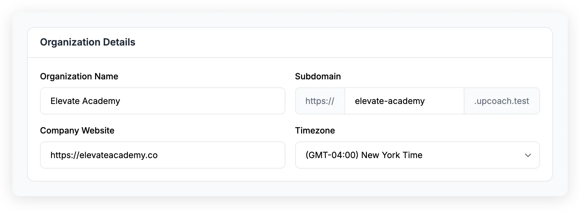 Organization Details card showing name, subdomain, website, and timezone fields