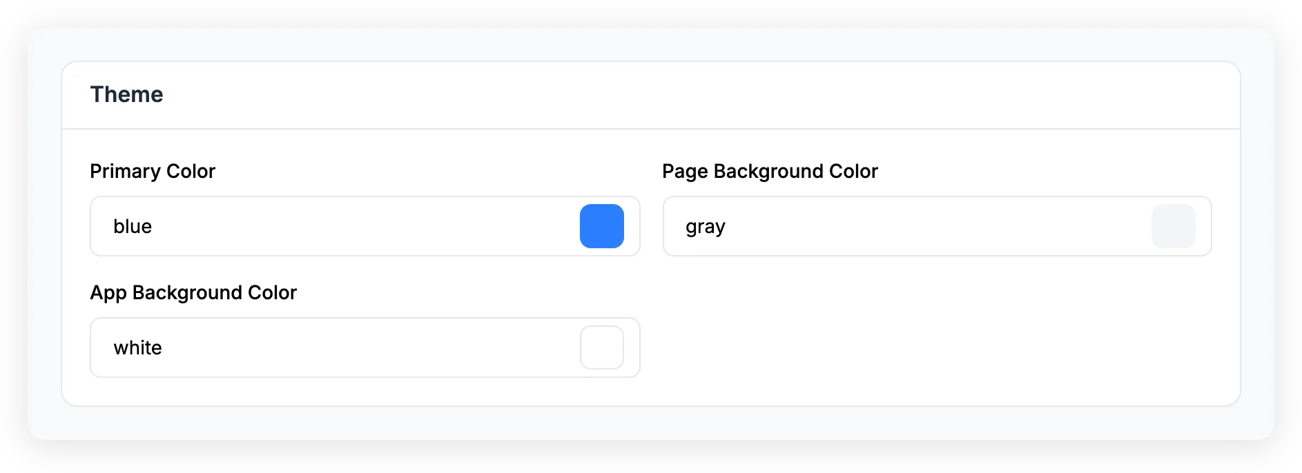 Theme card showing primary color, page background, and app background color pickers