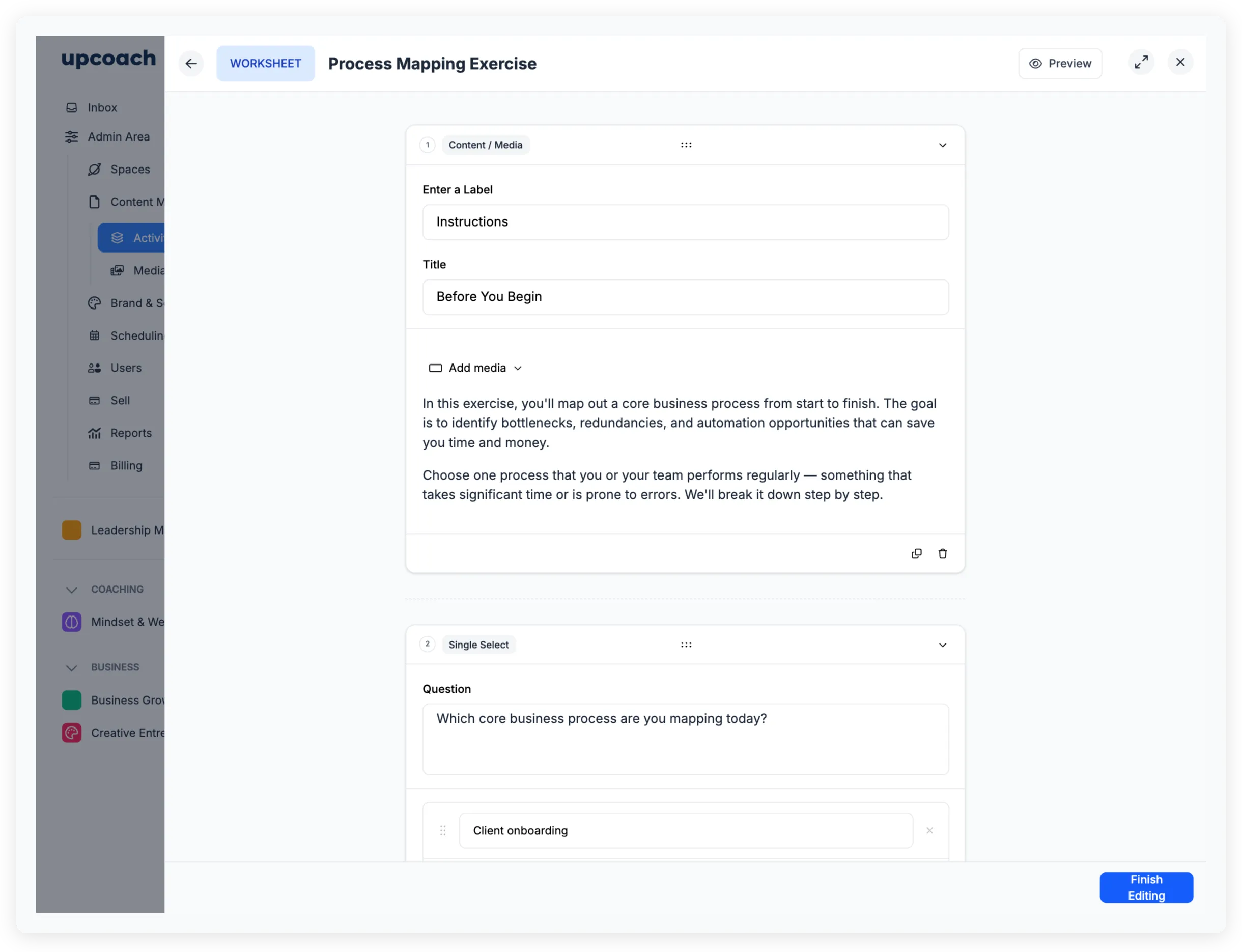 Worksheet editor showing a Content / Media block with instructions and a Single Select question below it