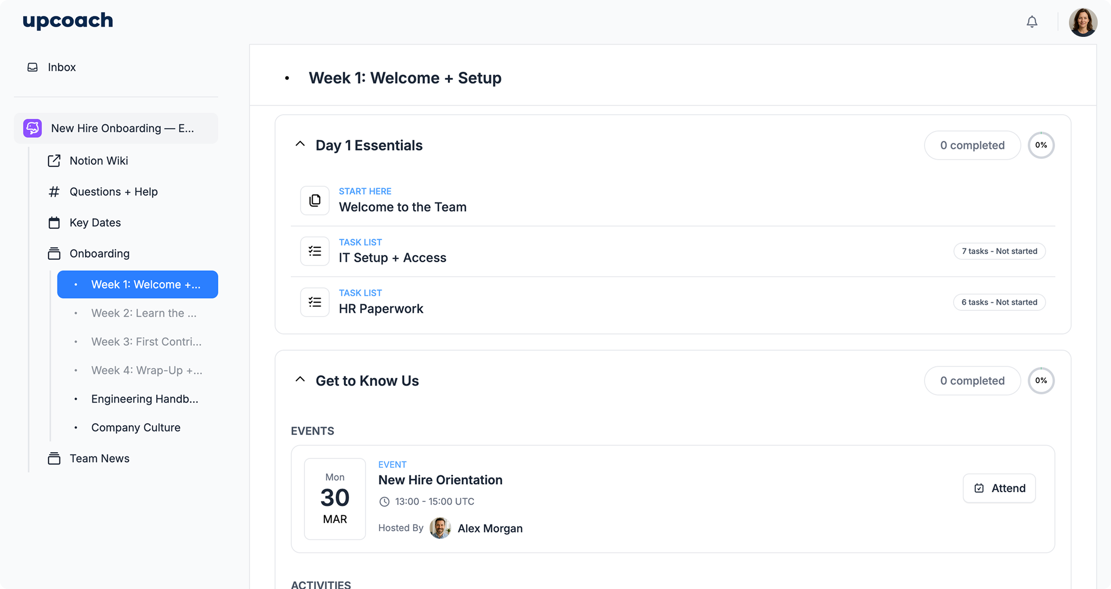Employee Onboarding program structure in upcoach