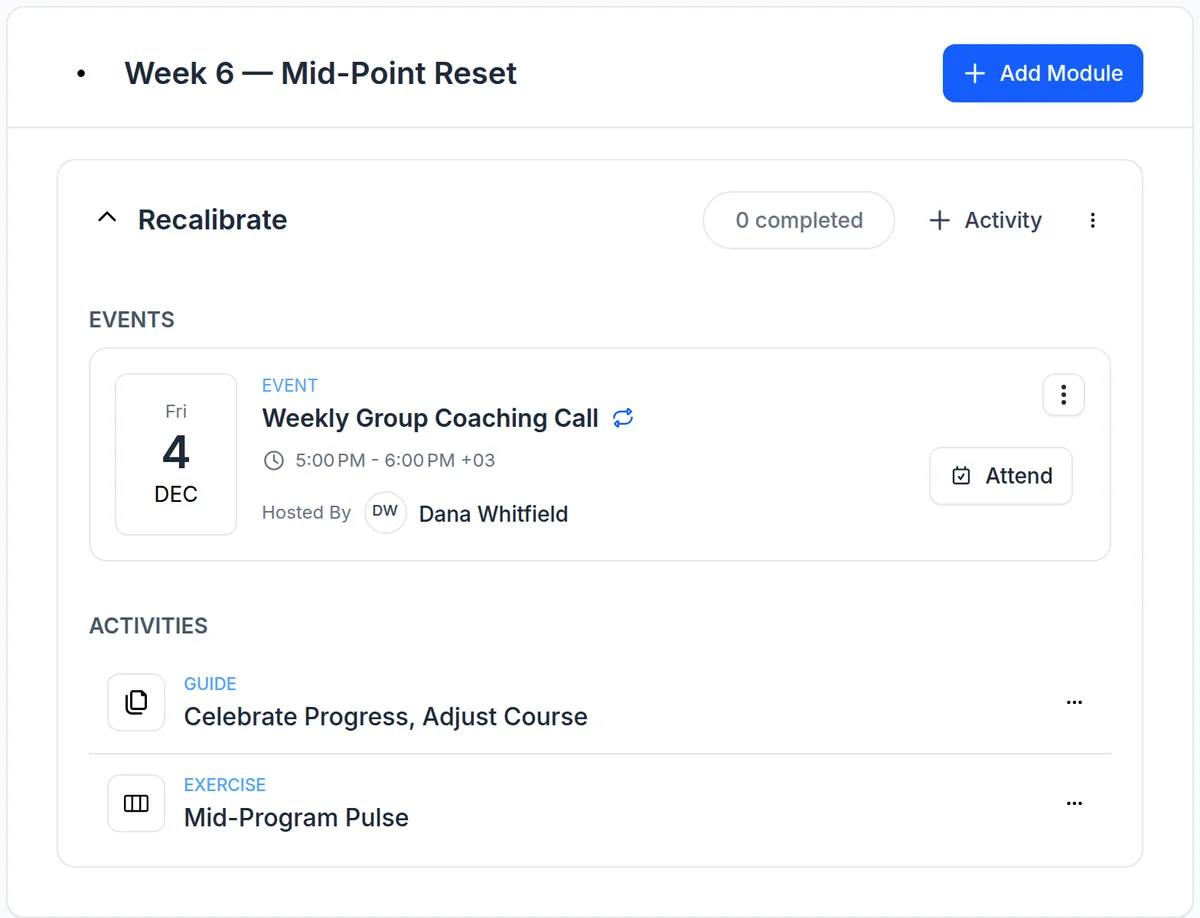 The week 6 Mid-Point Reset module of a group coaching program in upcoach