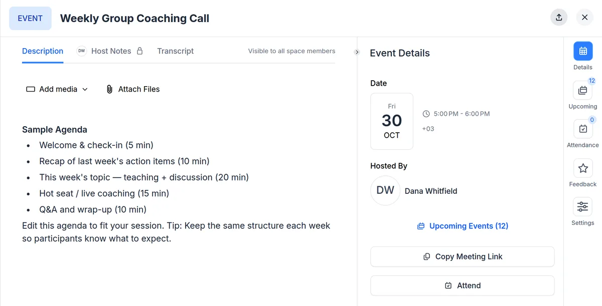 A weekly group coaching call in upcoach with its 60-minute agenda
