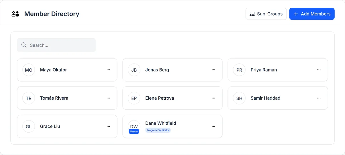 The Member Directory of a mastermind program in upcoach