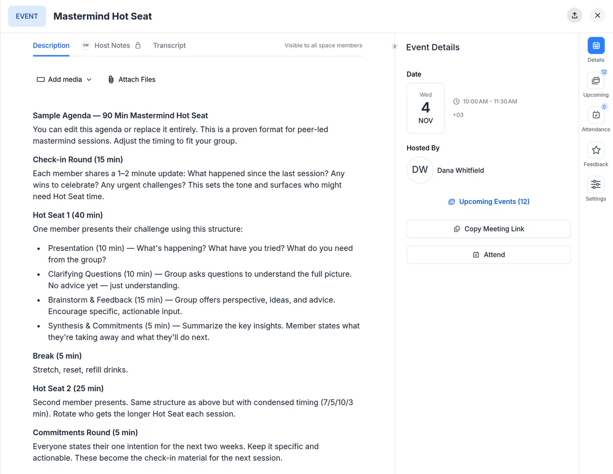 A Mastermind Hot Seat session in upcoach with its 90-minute agenda